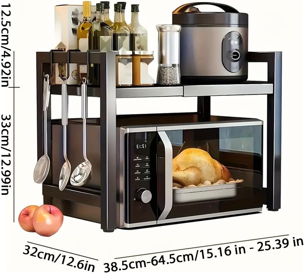Expandable 2-Tier Kitchen Storage Rack for Microwave and Oven | Black Metal Countertop Organizer with Open Storage Shelves, Perfect for Spices, Utensils, and Cookware, Appliance Storage Rack